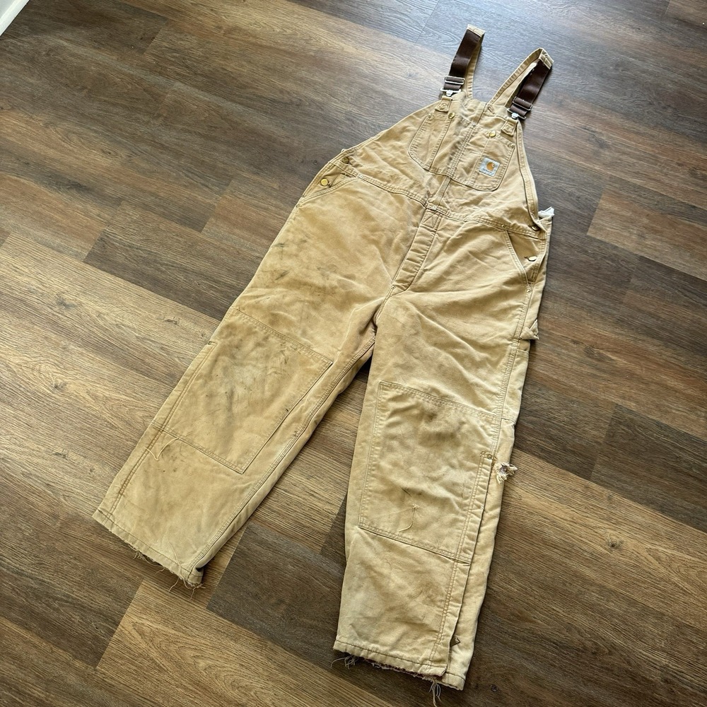 VTG Style Y2K Carhartt Distressed Insulated Bibs Double Knee Workwear Grunge